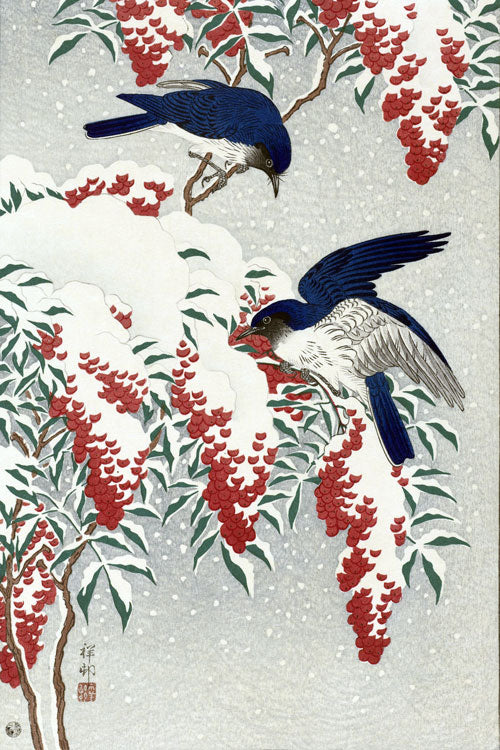 Muchołówki na pokrytym śniegiem krzaku nandinu - Ohara Koson